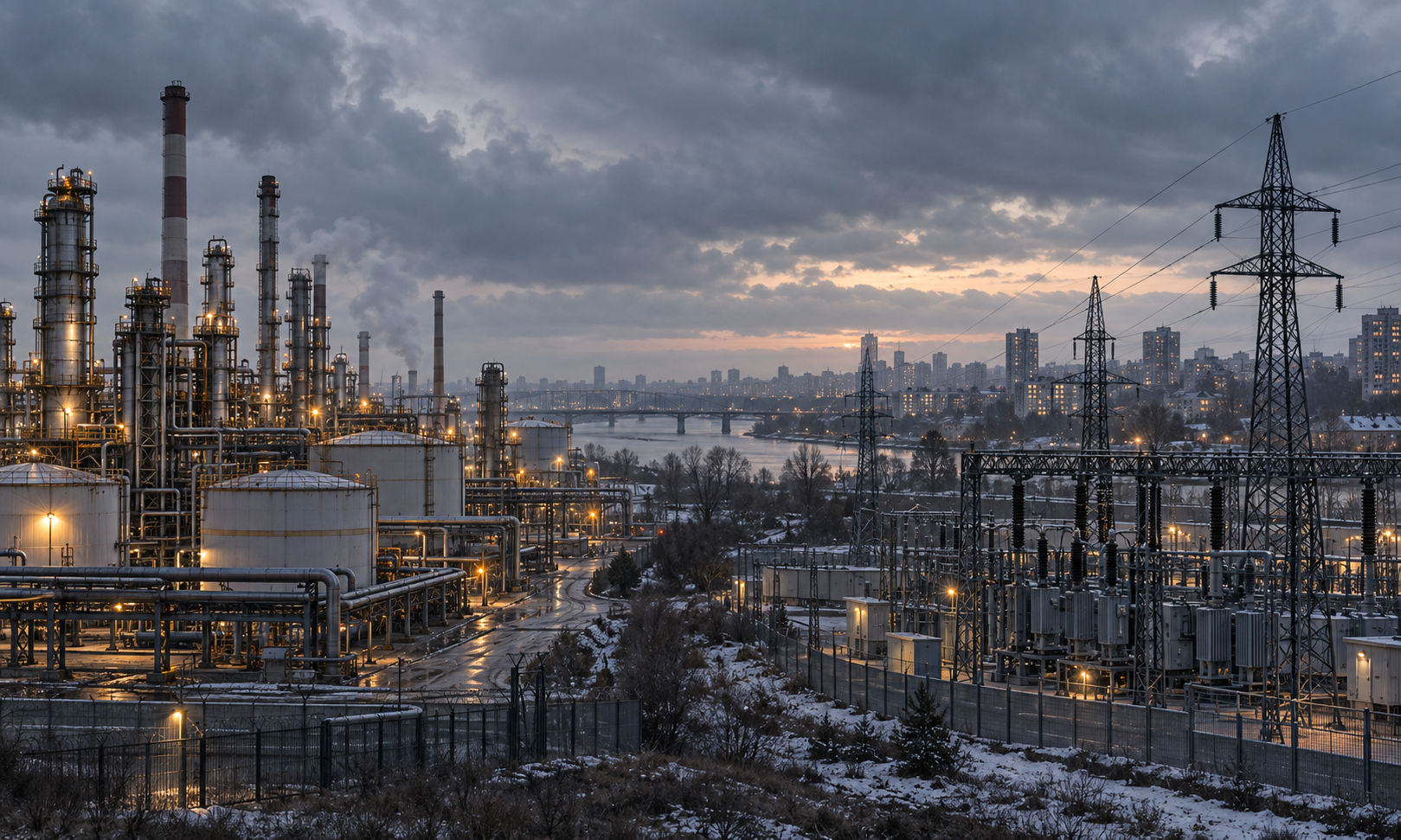 Ilustračná kompozícia ropnej rafinérie a elektrickej rozvodnej siete ako dvoch oblastí energetického prímeria.
